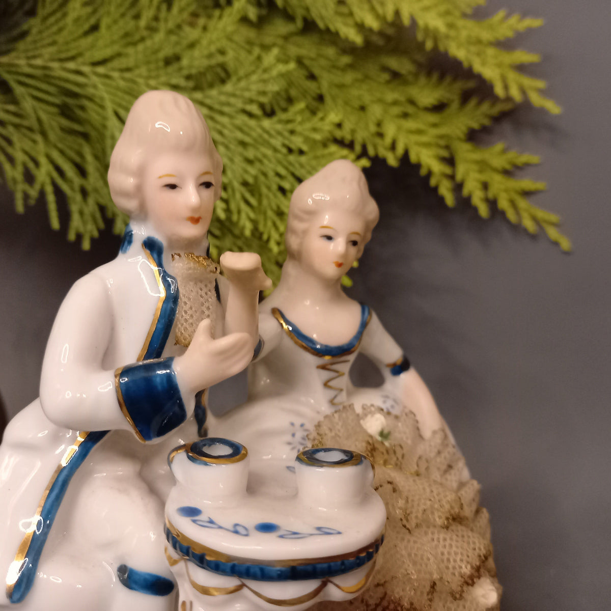 Porcelain figure in rococo style with cavalier and lady drinking tea, vintage, antique from Germany