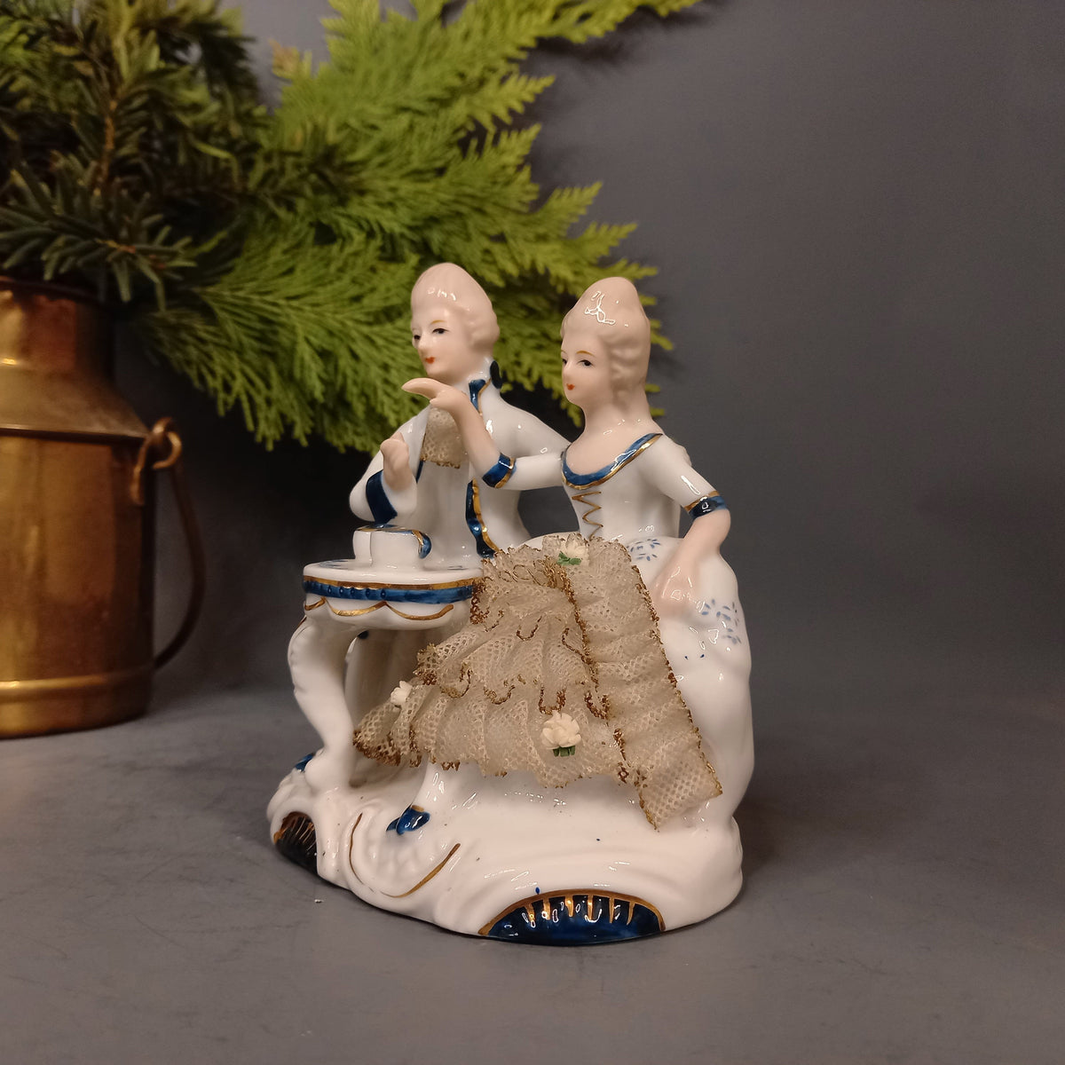 Porcelain figure in rococo style with cavalier and lady drinking tea, vintage, antique from Germany
