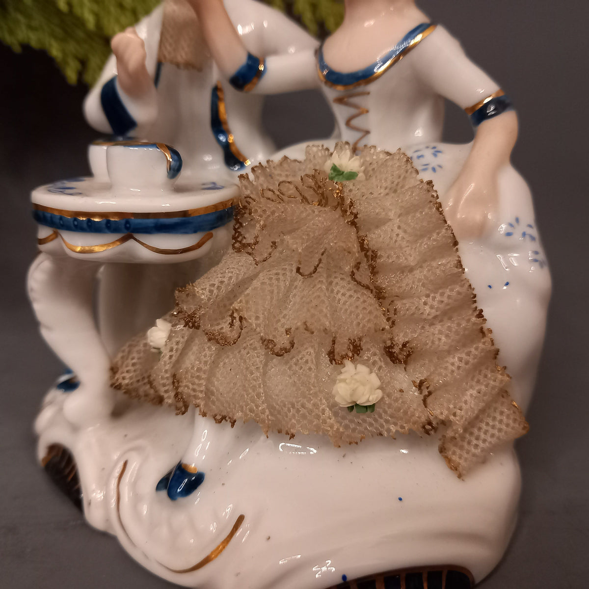Porcelain figure in rococo style with cavalier and lady drinking tea, vintage, antique from Germany