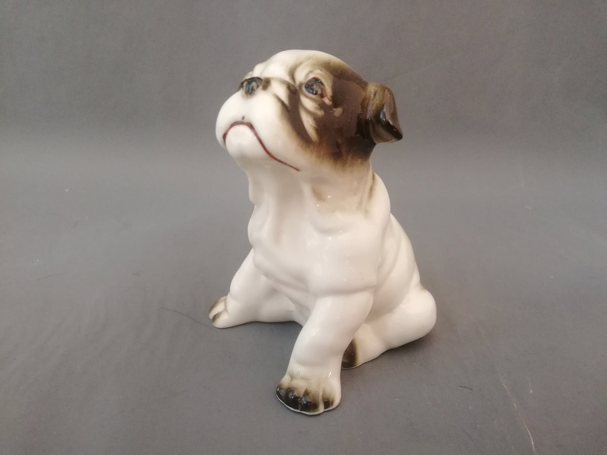 Kleine Porzellan-Bulldogge mit traurigem Blick, Gesamtansicht