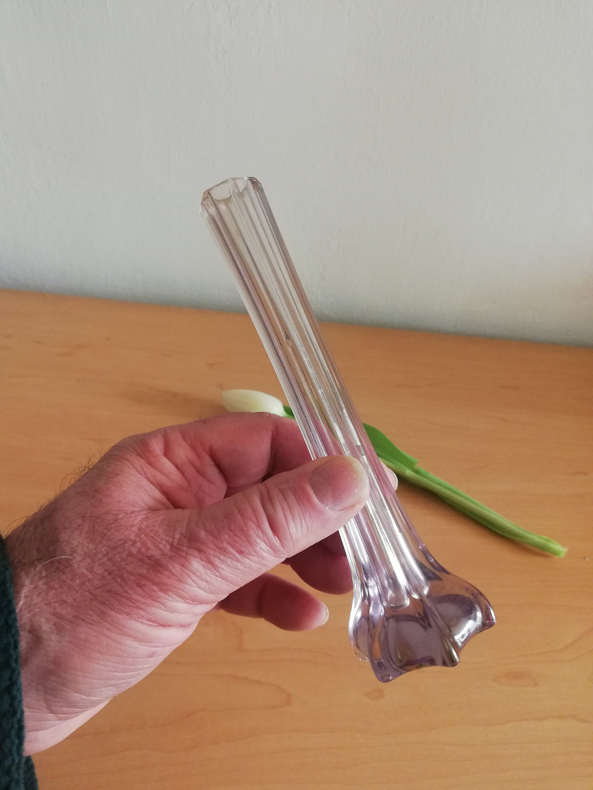 Elegant, narrow flower vase for single-stemmed flowers. graceful vase for the lunch table, purple vase as a flower decoration,