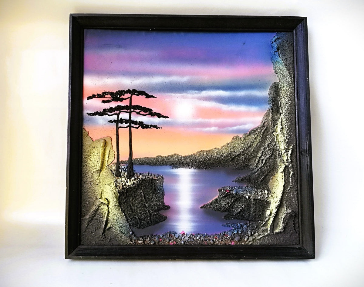 Vintage painting, Handcrafted textured relief Japanese artwork, Mystical landscape, Sunset over a lagoon,