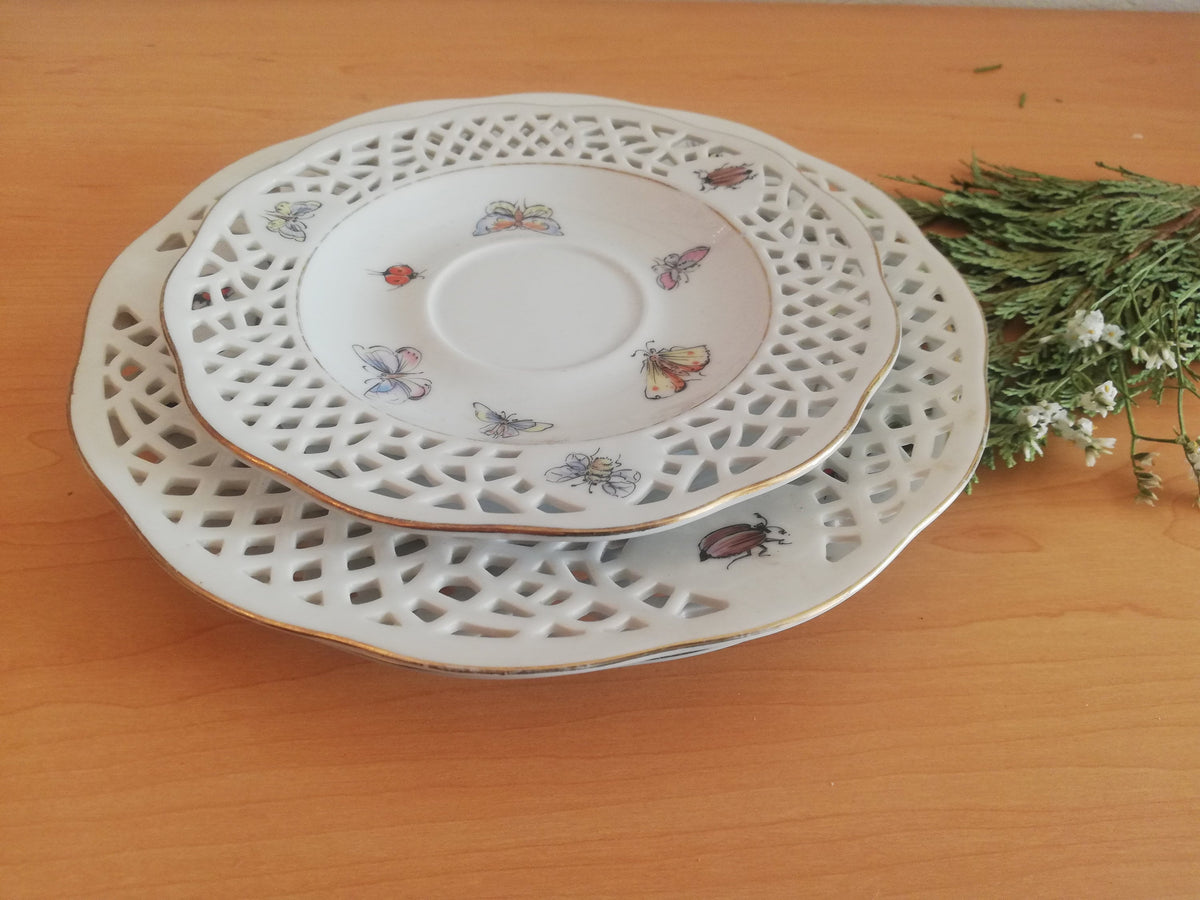 Porcelain plate set 3 with perforated pattern, Lindau Castle, 3 pieces, Vintage, Germany