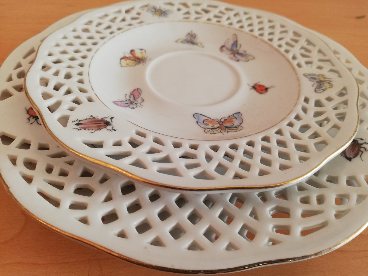 Porcelain plate set 3 with perforated pattern, Lindau Castle, 3 pieces, Vintage, Germany