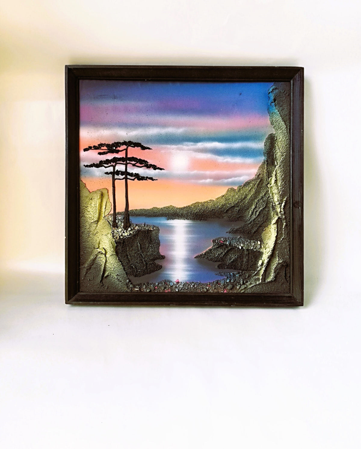 Vintage painting, Handcrafted textured relief Japanese artwork, Mystical landscape, Sunset over a lagoon,