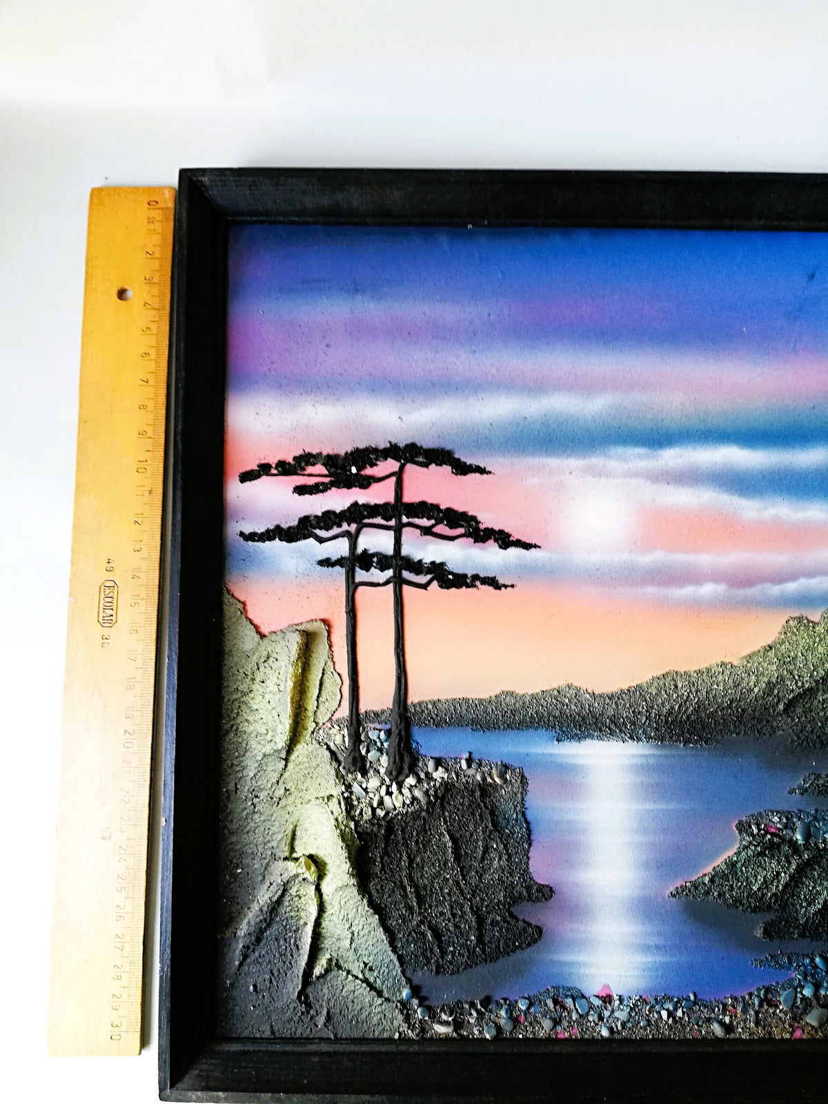Vintage painting, Handcrafted textured relief Japanese artwork, Mystical landscape, Sunset over a lagoon,
