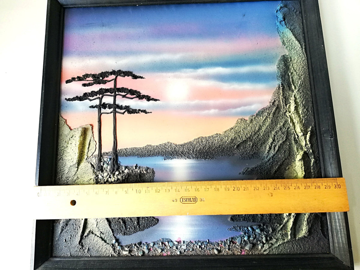 Vintage painting, Handcrafted textured relief Japanese artwork, Mystical landscape, Sunset over a lagoon,