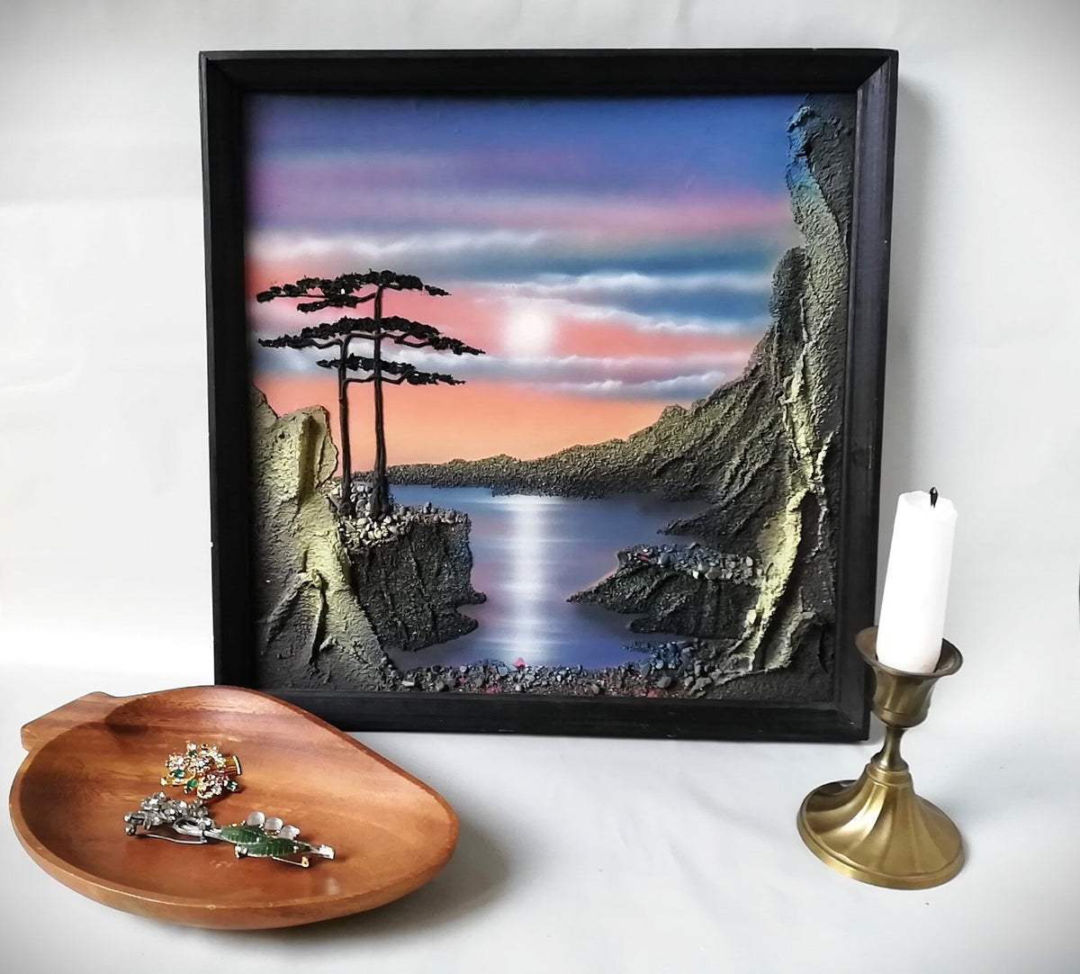 Vintage painting, Handcrafted textured relief Japanese artwork, Mystical landscape, Sunset over a lagoon,