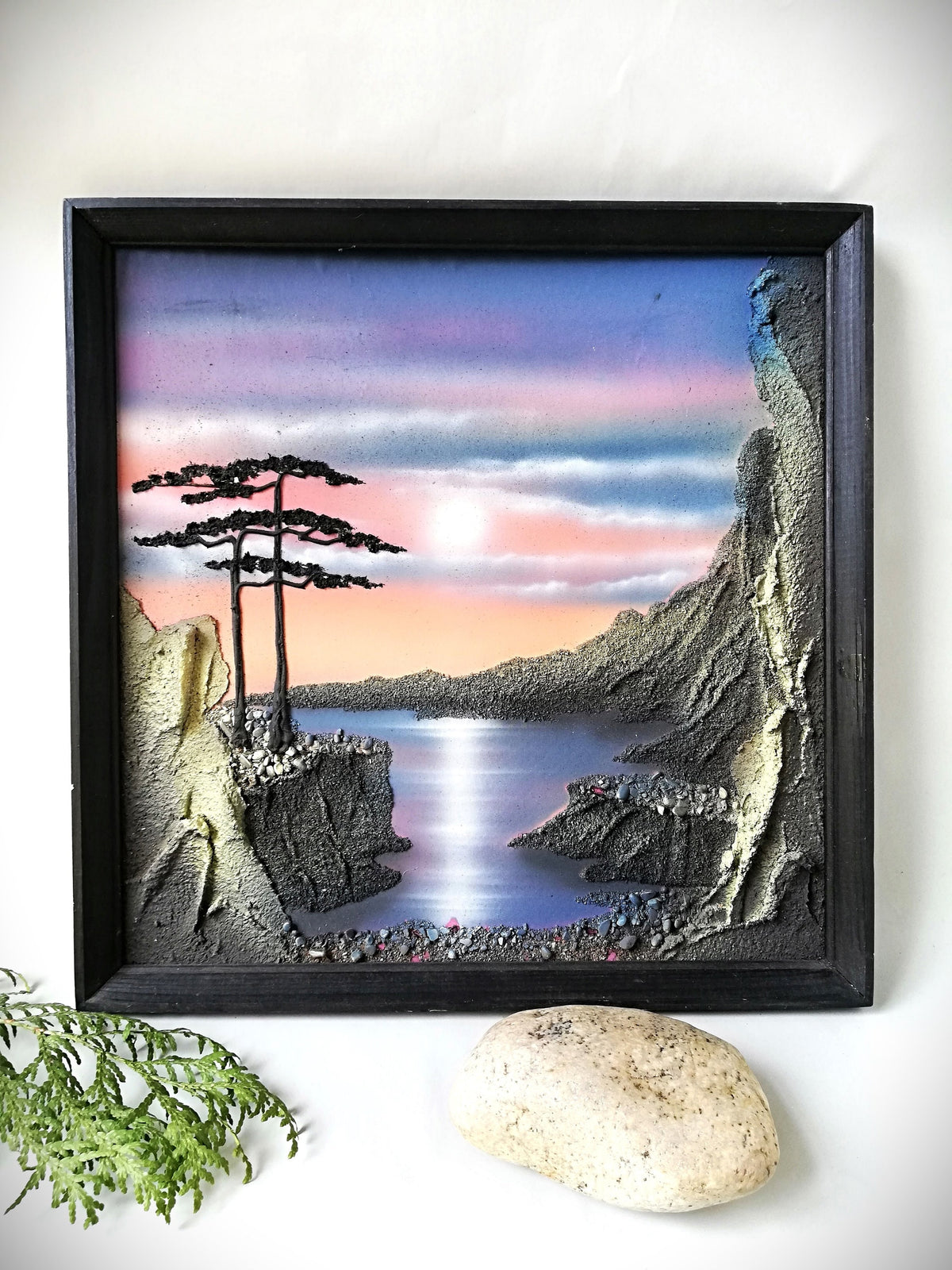 Vintage painting, Handcrafted textured relief Japanese artwork, Mystical landscape, Sunset over a lagoon,