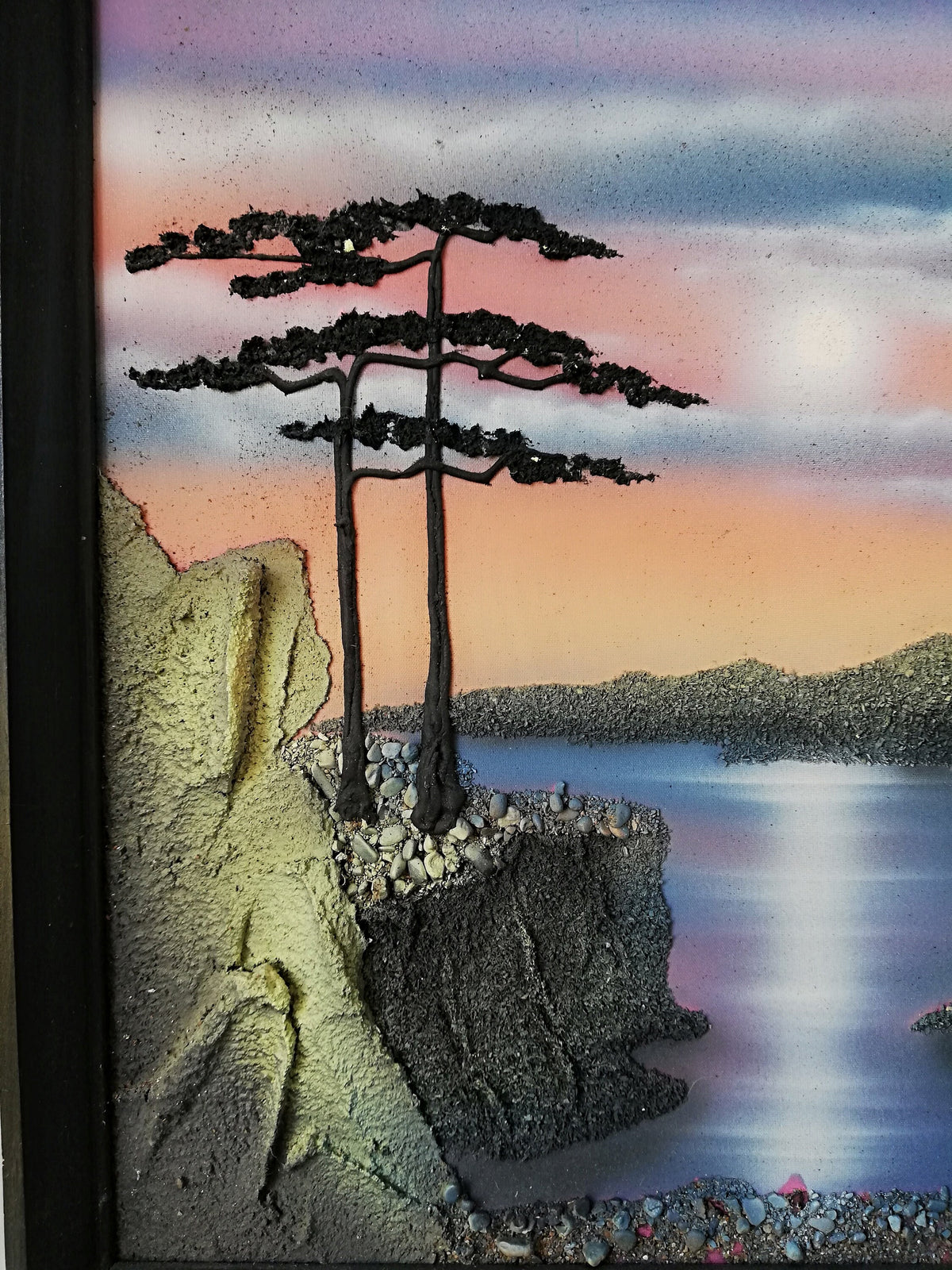 Vintage painting, Handcrafted textured relief Japanese artwork, Mystical landscape, Sunset over a lagoon,