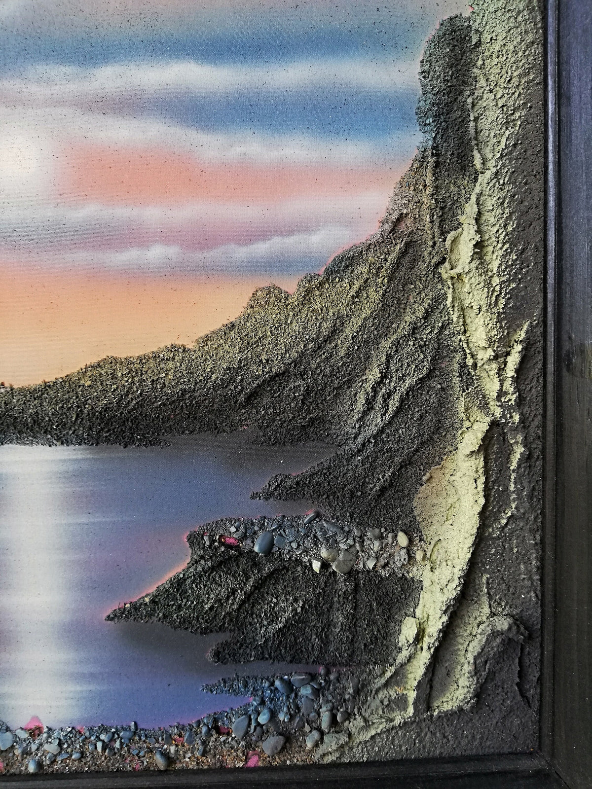 Vintage painting, Handcrafted textured relief Japanese artwork, Mystical landscape, Sunset over a lagoon,