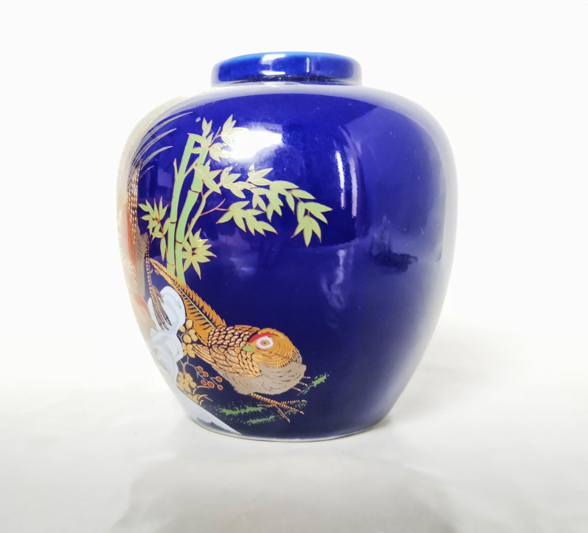 Vintage cobalt blue vase with gold painting – pheasant motif, ideal for flowers and as a storage vessel