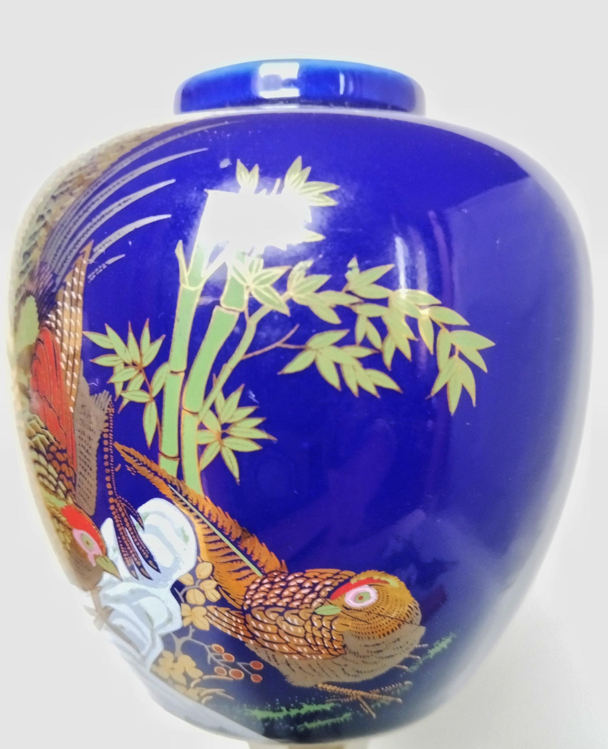 Vintage cobalt blue vase with gold painting – pheasant motif, ideal for flowers and as a storage vessel