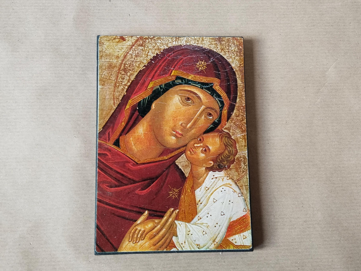 Madonnenbild auf Holz, Ikone der Gottesmutter mit Jesuskind – Gesamtansicht, 1990er