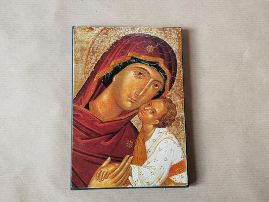 Madonnenbild auf Holz, Ikone der Gottesmutter mit Jesuskind – Gesamtansicht, 1990er