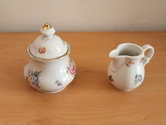 Vintage Porzellan-Zuckerdose mit Blumendekor und Goldrand, Gesamtansicht