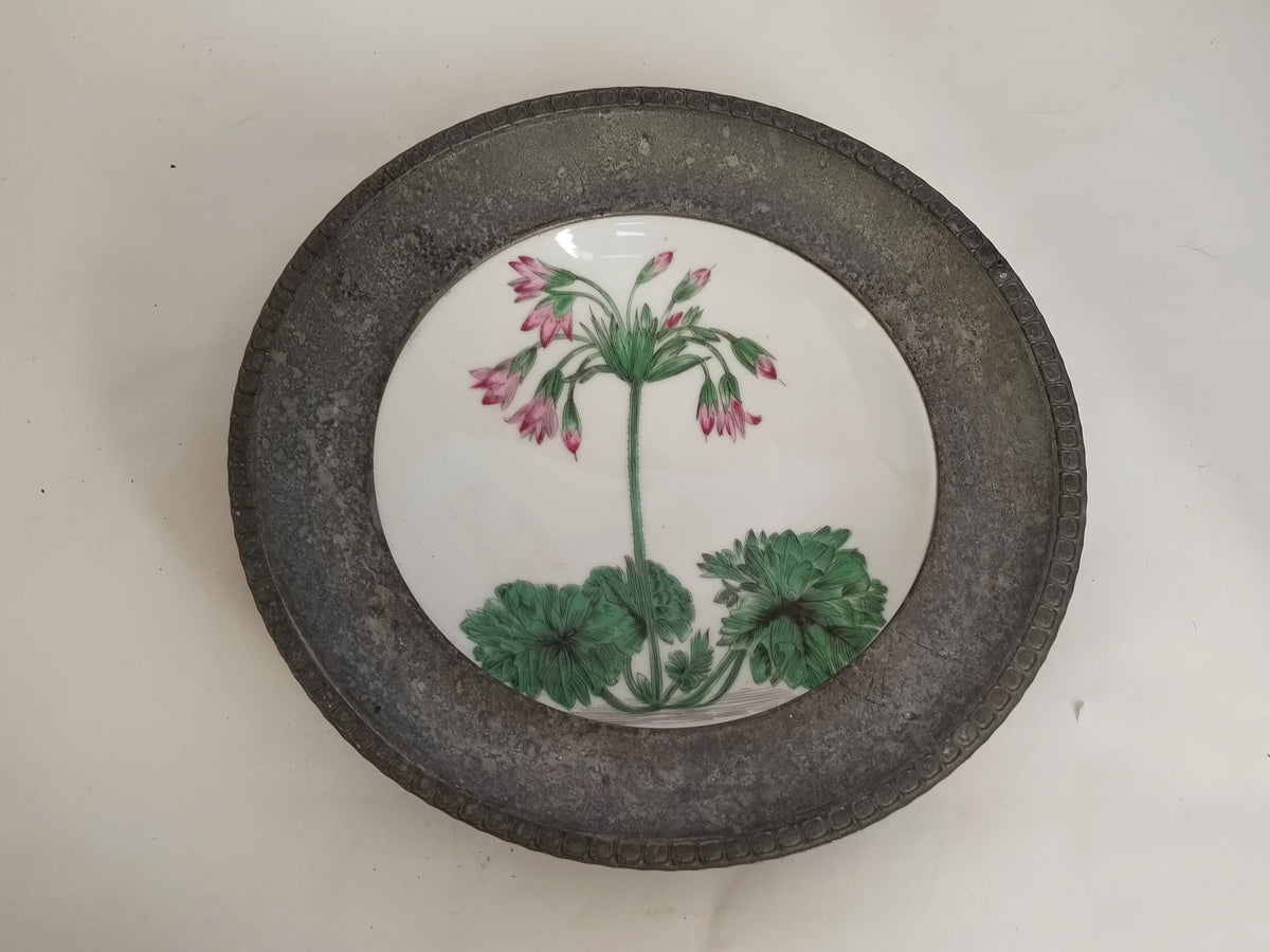 Schwarzenhammer Wandteller mit rosa Blüten und grünen Blättern im verzierten Zinnrahmen, Gesamtansicht