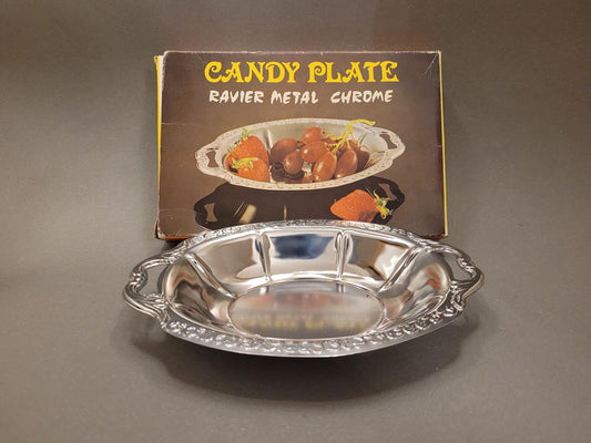 Verchromte Konfektschale mit Ornamentrand – Gesamtansicht, Vintage 1970er Jahre