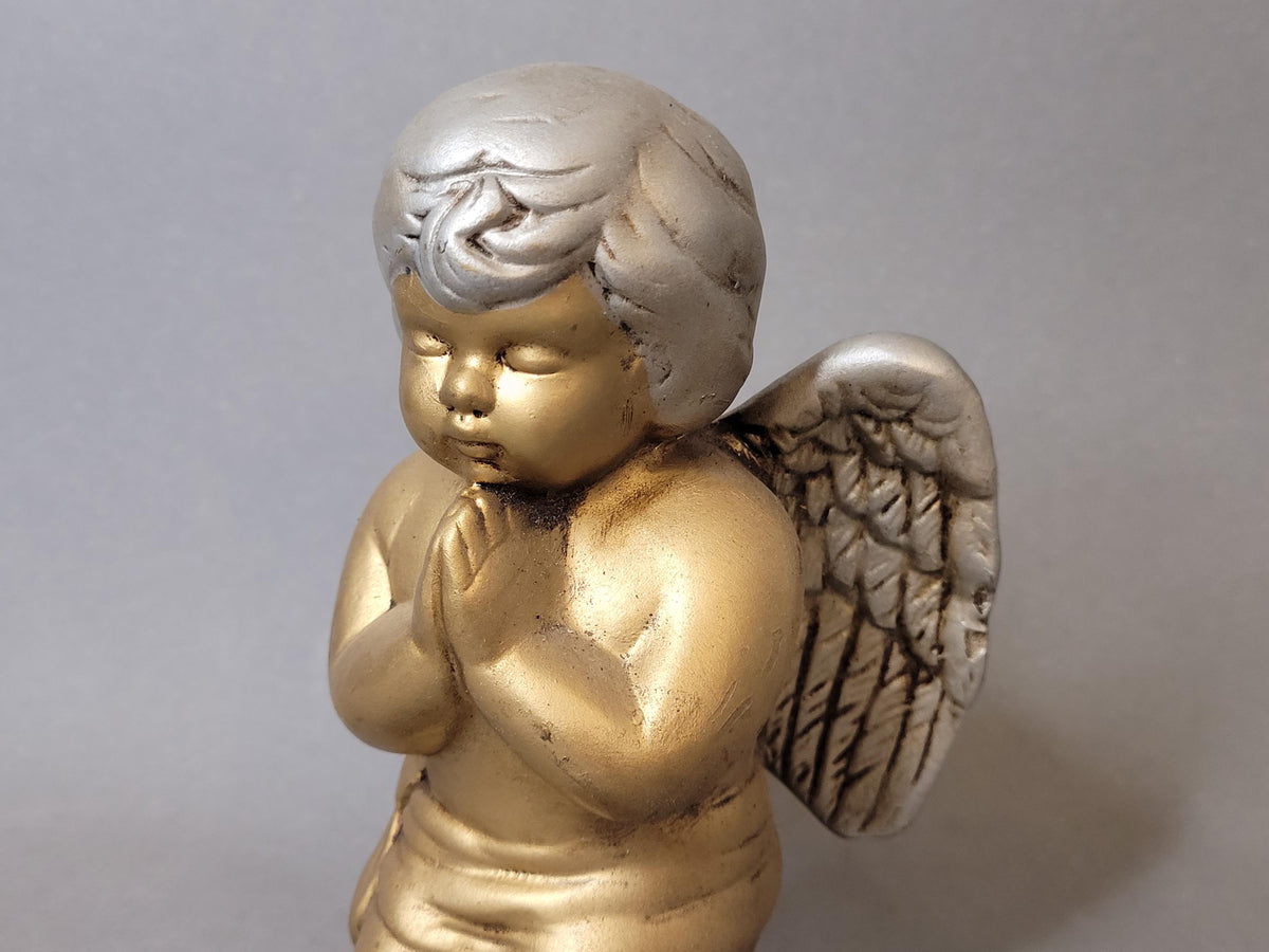 Vintage Ceramic Praying Angel Figurine – Gold and Silver Hand Painted Cherub Statue, 1990s Religious Decor, Guardian Angel Gift