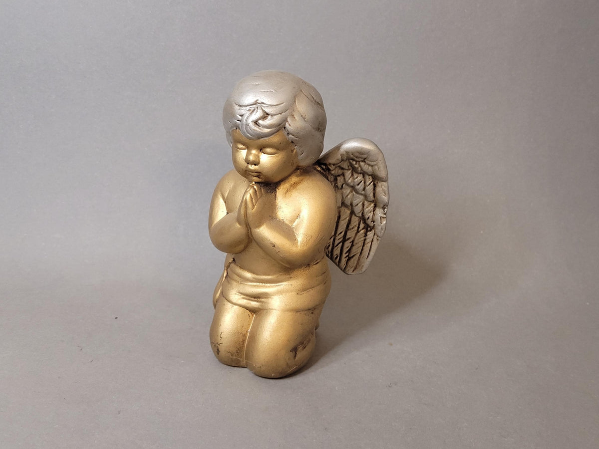 Vintage Ceramic Praying Angel Figurine – Gold and Silver Hand Painted Cherub Statue, 1990s Religious Decor, Guardian Angel Gift