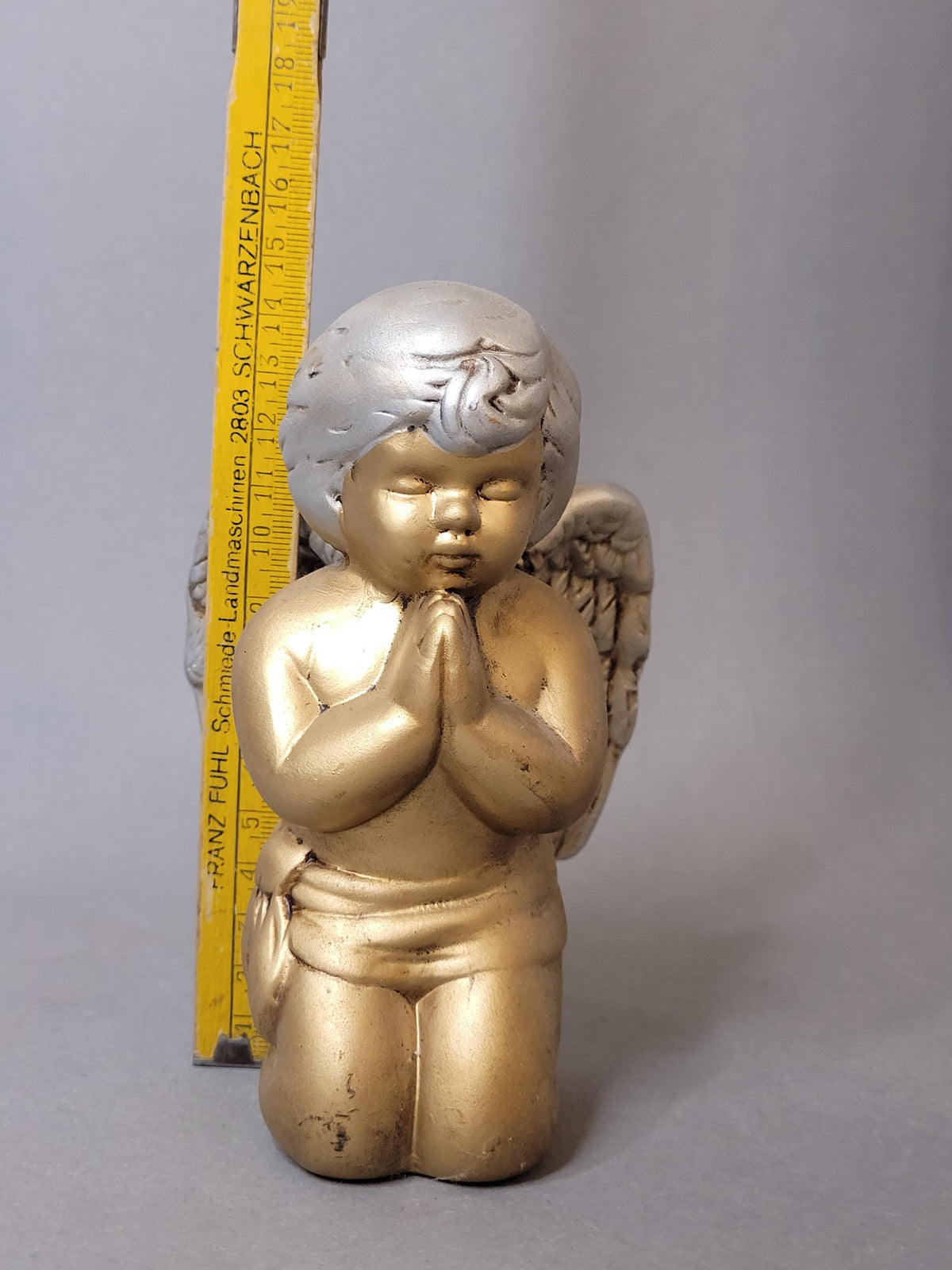 Vintage Ceramic Praying Angel Figurine – Gold and Silver Hand Painted Cherub Statue, 1990s Religious Decor, Guardian Angel Gift