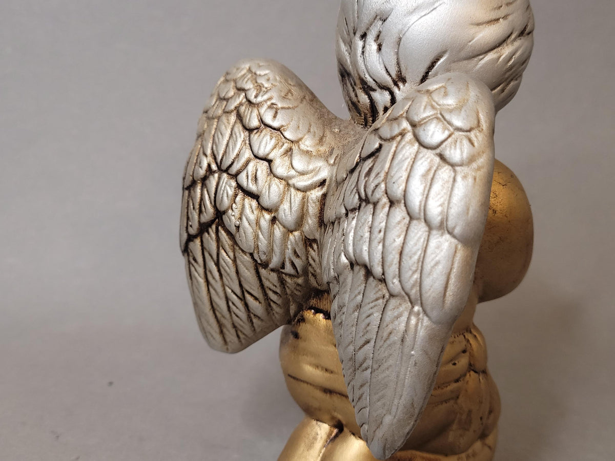 Vintage Ceramic Praying Angel Figurine – Gold and Silver Hand Painted Cherub Statue, 1990s Religious Decor, Guardian Angel Gift