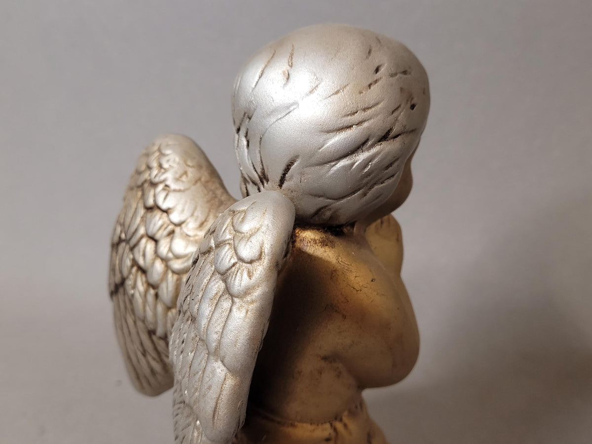 Vintage Ceramic Praying Angel Figurine – Gold and Silver Hand Painted Cherub Statue, 1990s Religious Decor, Guardian Angel Gift