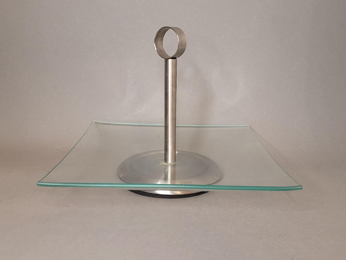 Vintage Square Glass Cake Stand with Metal Handle (15x21 cm) | Mid-Century Modern Pedestal Tray | Retro Dessert Fruit Server