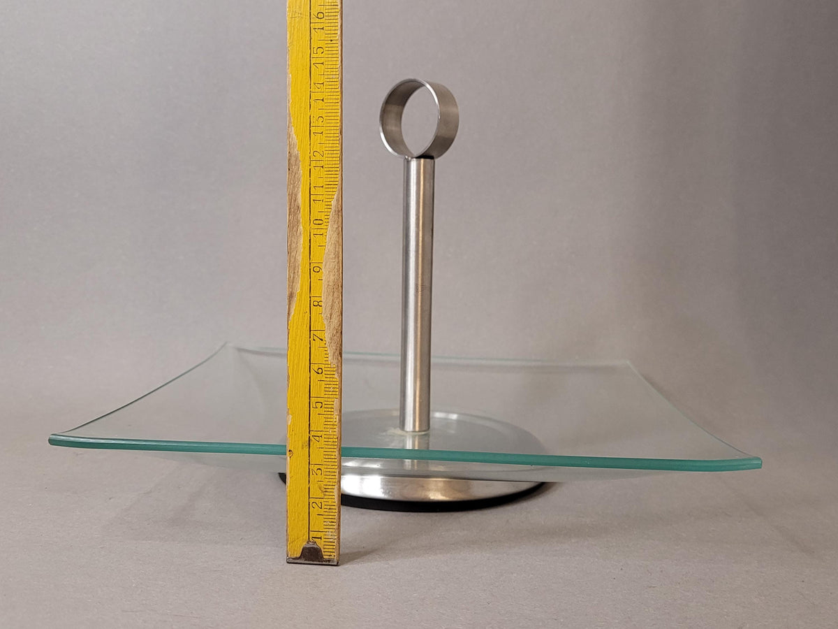 Vintage Square Glass Cake Stand with Metal Handle (15x21 cm) | Mid-Century Modern Pedestal Tray | Retro Dessert Fruit Server