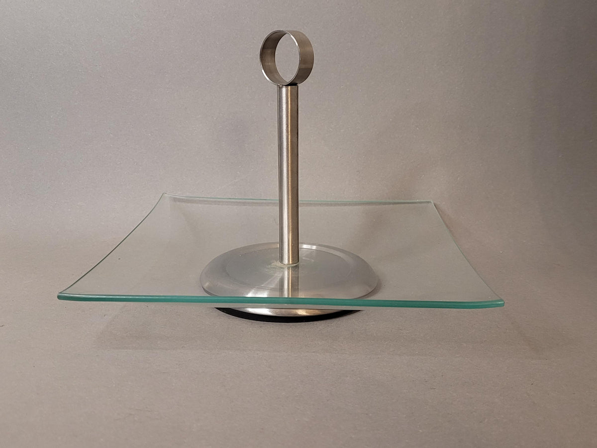 Vintage Square Glass Cake Stand with Metal Handle (15x21 cm) | Mid-Century Modern Pedestal Tray | Retro Dessert Fruit Server