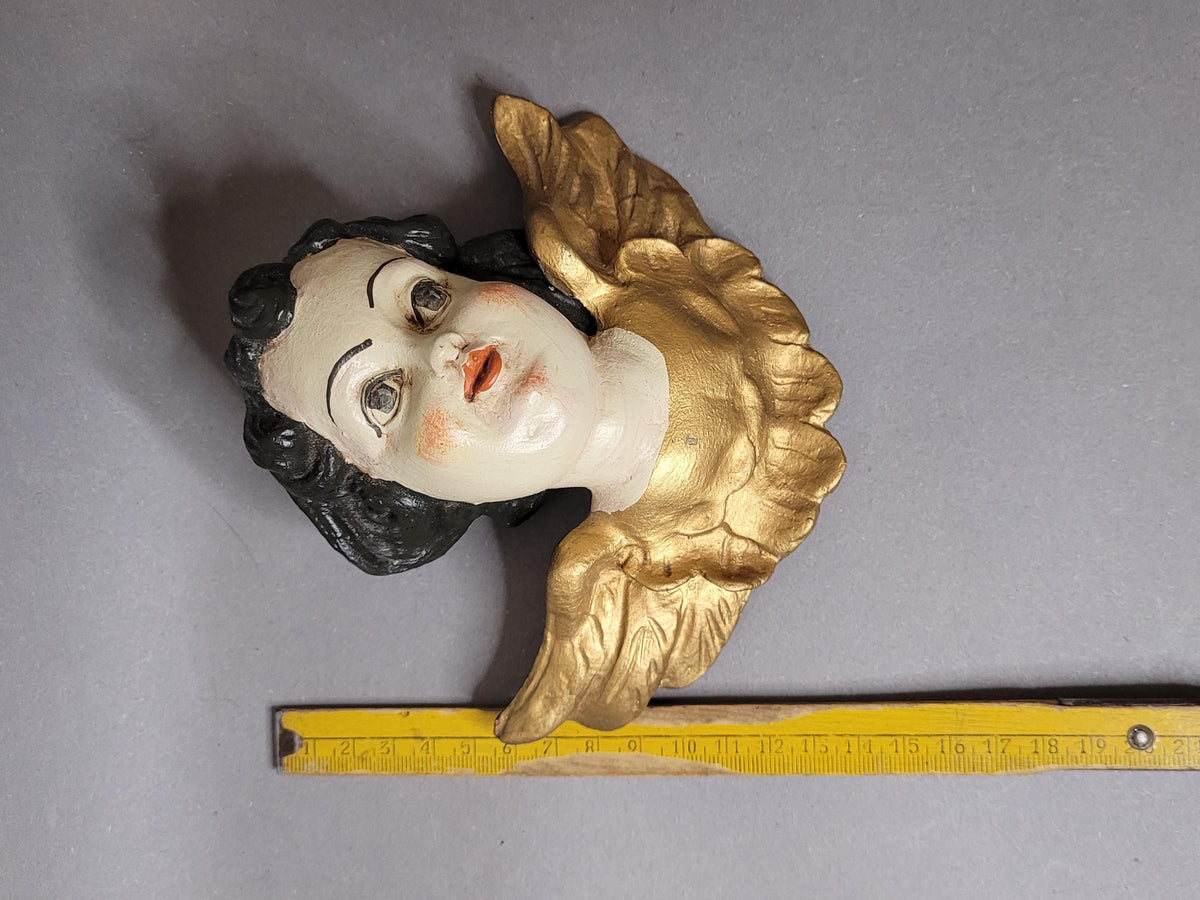 Rare Antique Wooden Angel Putti with Golden Wings – Hand-Painted Vintage Cherub, 15.5 cm
