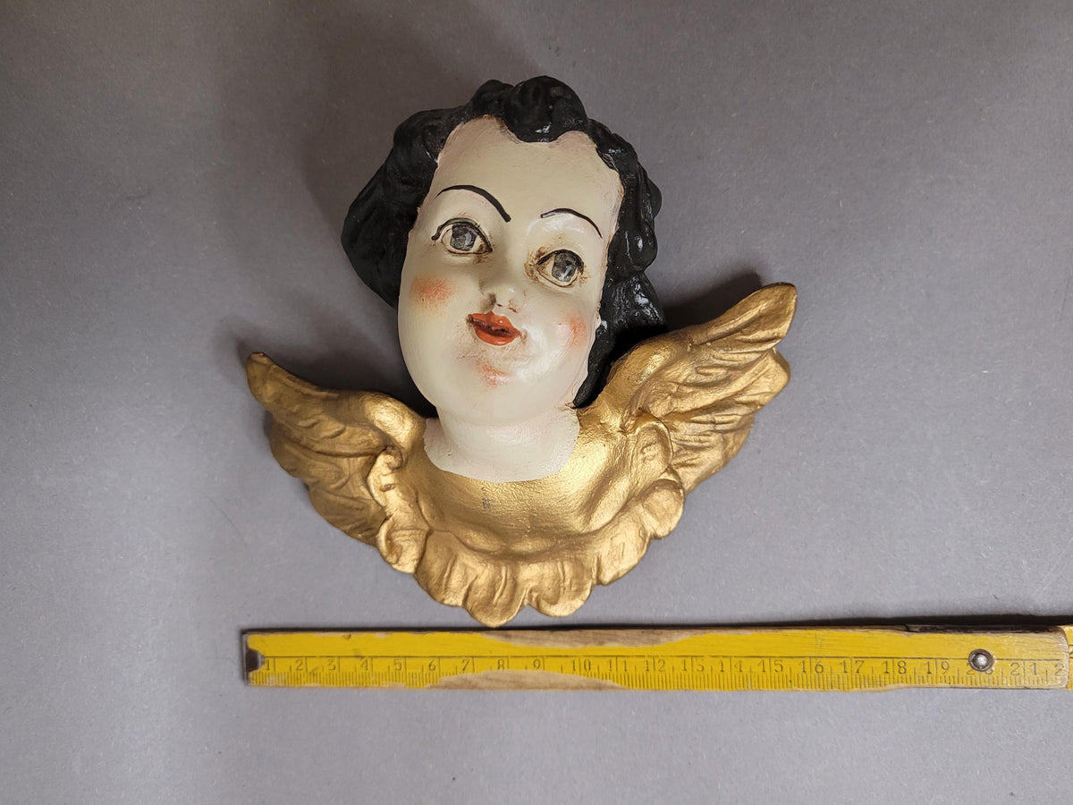 Rare Antique Wooden Angel Putti with Golden Wings – Hand-Painted Vintage Cherub, 15.5 cm