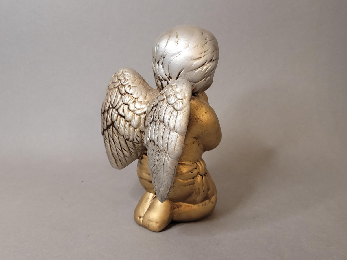 Vintage Ceramic Praying Angel Figurine – Gold and Silver Hand Painted Cherub Statue, 1990s Religious Decor, Guardian Angel Gift