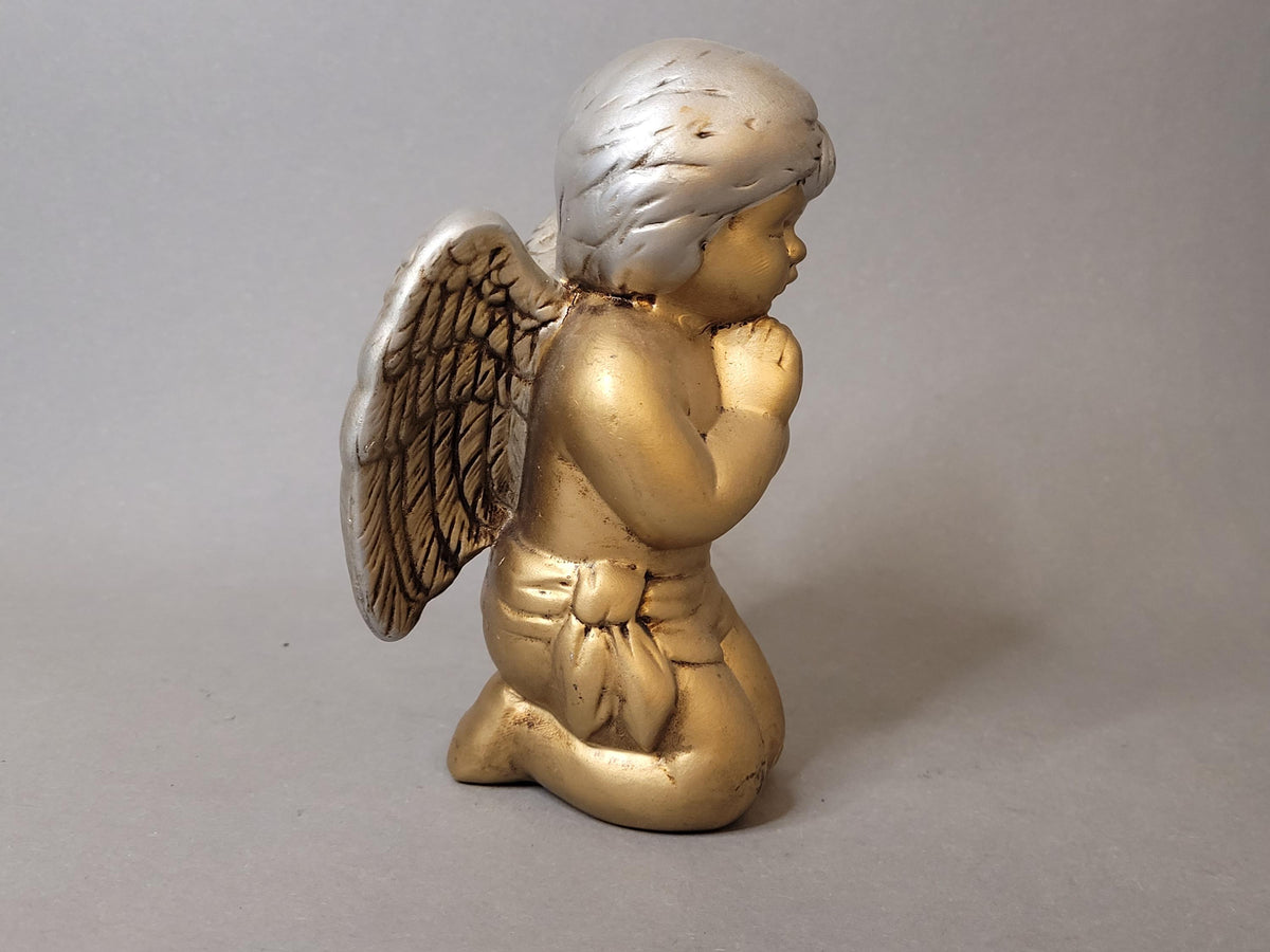 Vintage Ceramic Praying Angel Figurine – Gold and Silver Hand Painted Cherub Statue, 1990s Religious Decor, Guardian Angel Gift
