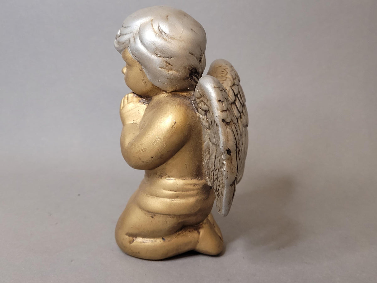 Vintage Ceramic Praying Angel Figurine – Gold and Silver Hand Painted Cherub Statue, 1990s Religious Decor, Guardian Angel Gift