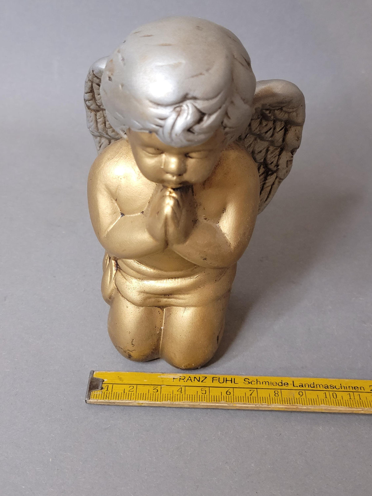 Vintage Ceramic Praying Angel Figurine – Gold and Silver Hand Painted Cherub Statue, 1990s Religious Decor, Guardian Angel Gift