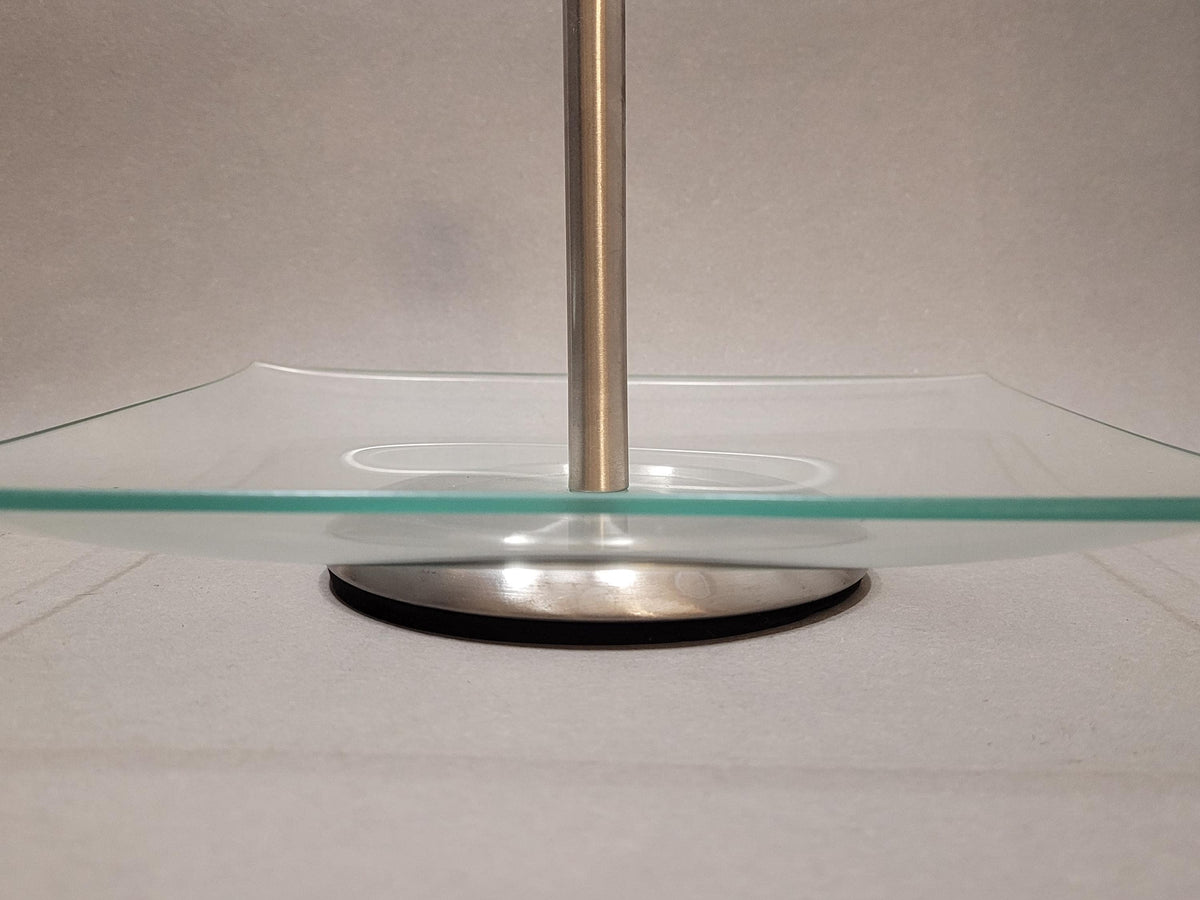 Vintage Square Glass Cake Stand with Metal Handle (15x21 cm) | Mid-Century Modern Pedestal Tray | Retro Dessert Fruit Server