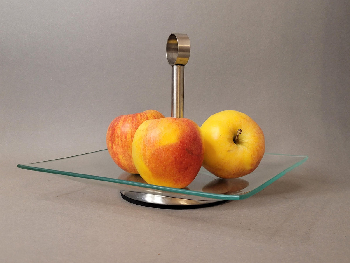 Vintage Square Glass Cake Stand with Metal Handle (15x21 cm) | Mid-Century Modern Pedestal Tray | Retro Dessert Fruit Server