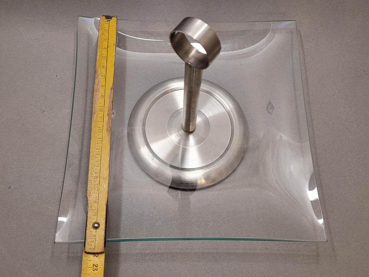 Vintage Square Glass Cake Stand with Metal Handle (15x21 cm) | Mid-Century Modern Pedestal Tray | Retro Dessert Fruit Server