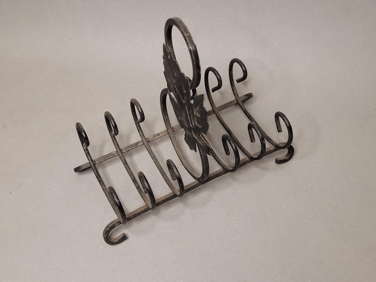 Vintage Wrought Iron Toast Rack with Leaf Detail / Black Metal 6-Slot Bread Holder / Rustic Farmhouse Kitchen Decor