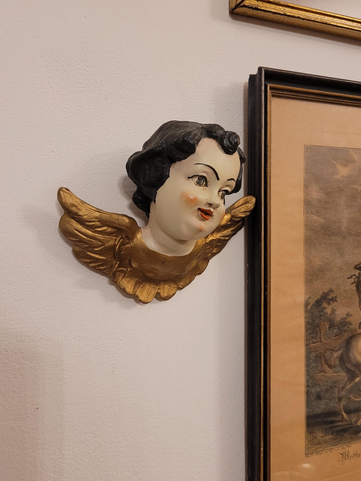 Rare Antique Wooden Angel Putti with Golden Wings – Hand-Painted Vintage Cherub, 15.5 cm