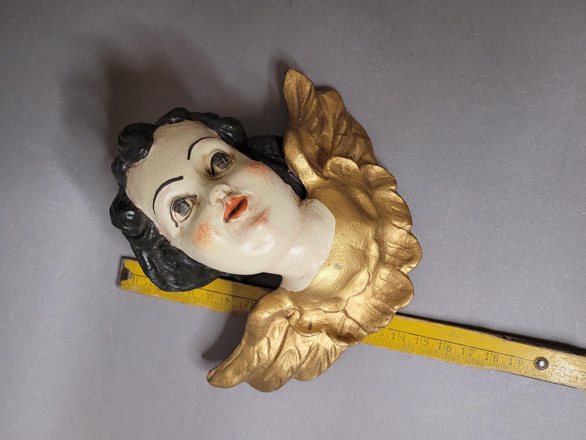 Rare Antique Wooden Angel Putti with Golden Wings – Hand-Painted Vintage Cherub, 15.5 cm