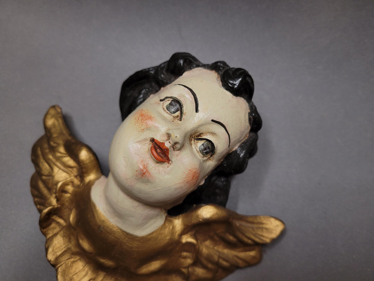 Rare Antique Wooden Angel Putti with Golden Wings – Hand-Painted Vintage Cherub, 15.5 cm
