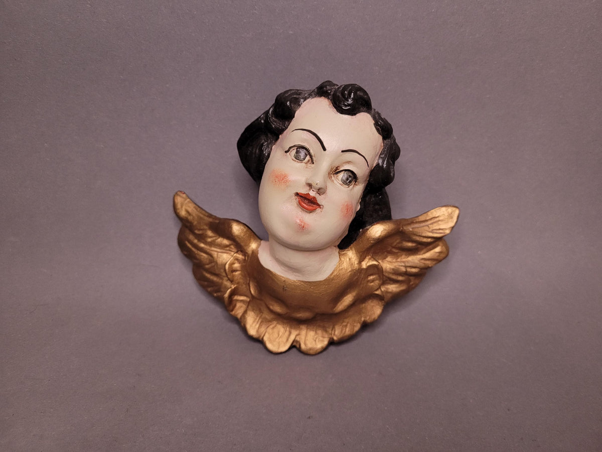 Rare Antique Wooden Angel Putti with Golden Wings – Hand-Painted Vintage Cherub, 15.5 cm