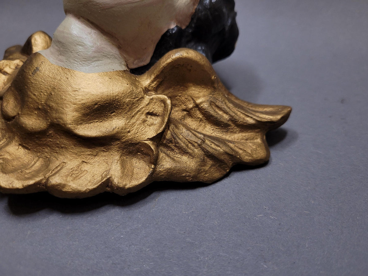 Rare Antique Wooden Angel Putti with Golden Wings – Hand-Painted Vintage Cherub, 15.5 cm