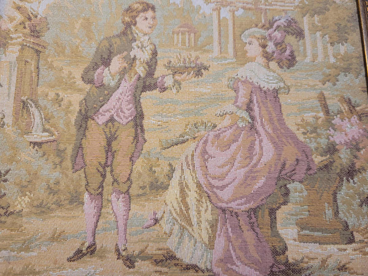 Square Vintage Rococo Tapestry (25cm) in Gilt Frame | Pastoral Couple Wall Hanging | Vienna Decor