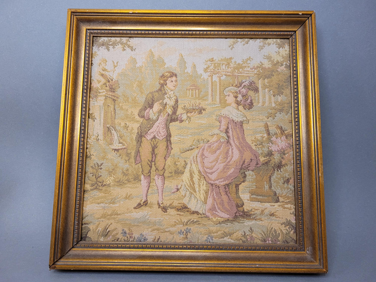 Square Vintage Rococo Tapestry (25cm) in Gilt Frame | Pastoral Couple Wall Hanging | Vienna Decor