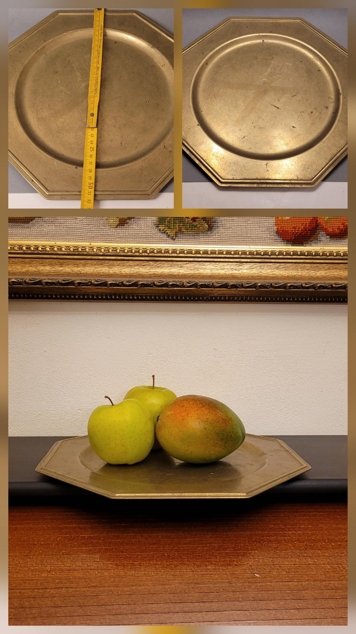 Vintage Brass Tray 32 cm / Large Octagonal Brass Serving Plate / Antique Brass Home Decor / Mid Century Tableware / Rustic Boho Decor