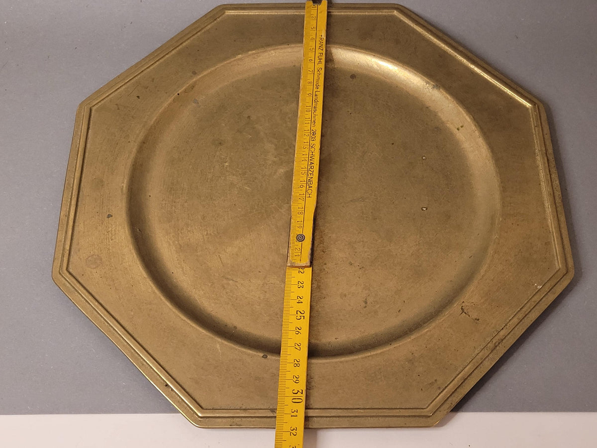 Vintage Brass Tray 32 cm / Large Octagonal Brass Serving Plate / Antique Brass Home Decor / Mid Century Tableware / Rustic Boho Decor