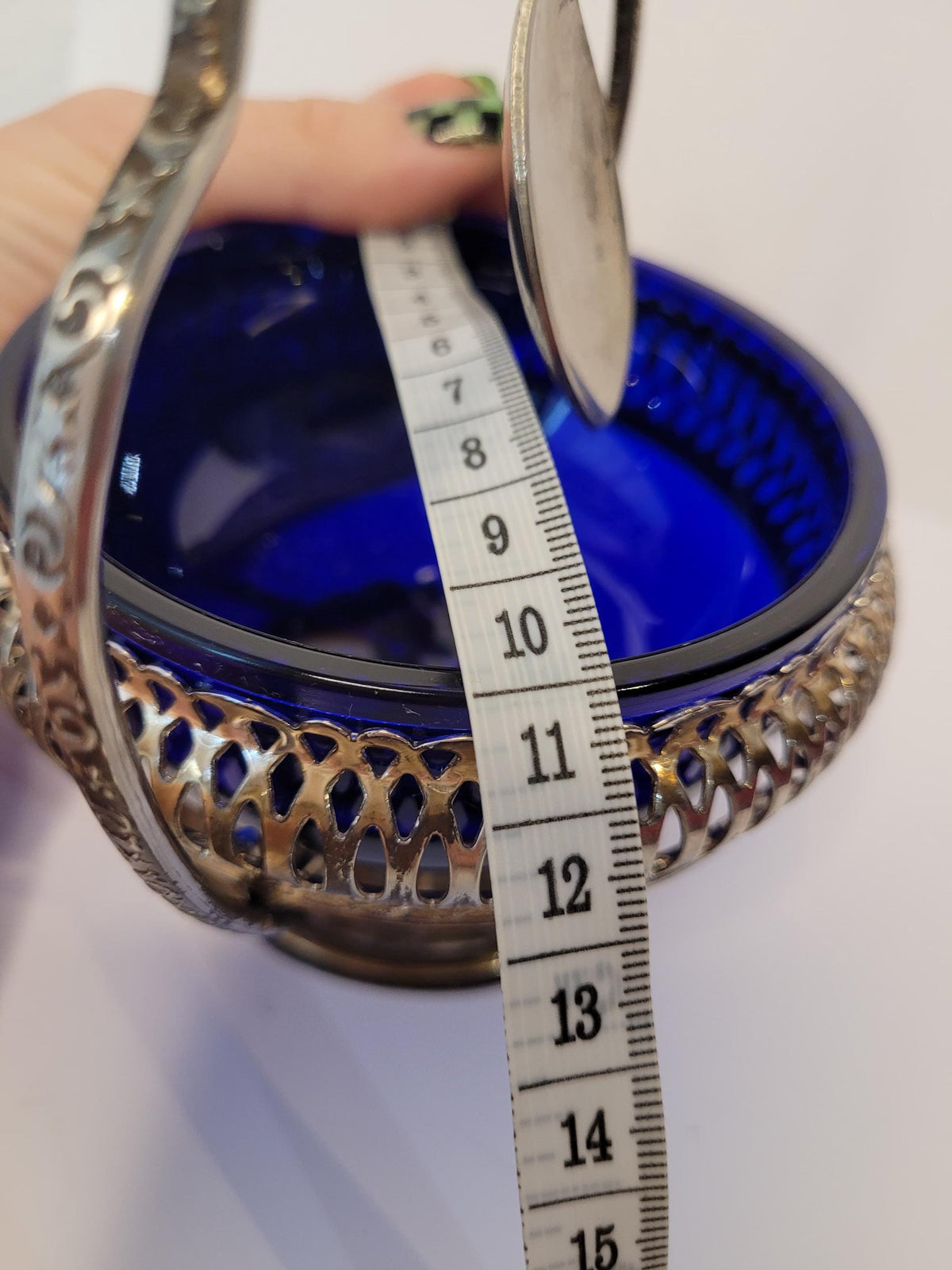 Vintage Mayell England Cobalt Blue Glass Sugar Basin, Chrome Steel Frame with Silver Plated Spoon, 15cm